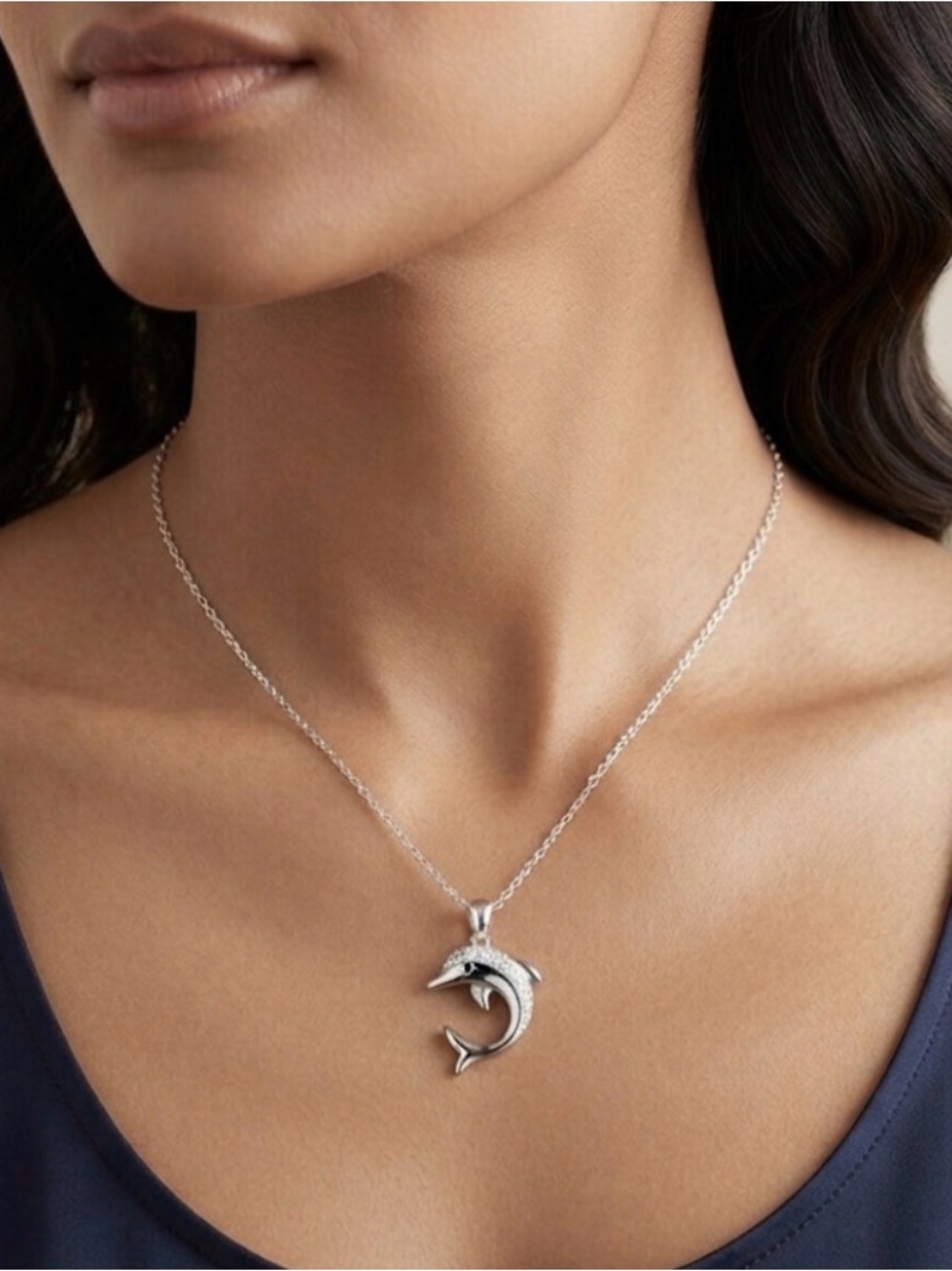 Sterling Silver 925 Pavé Dolphin Pendant Necklace